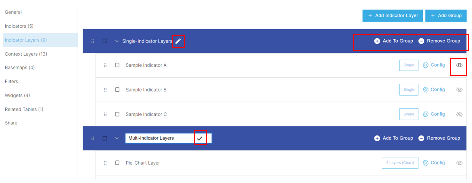 Grouping indicator layers and adjusting their name 